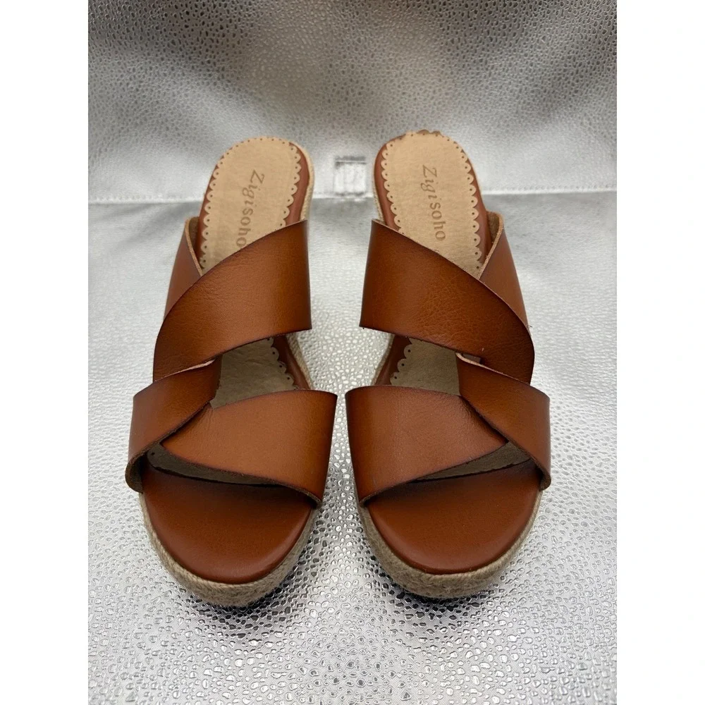 Zigi Soho Magee Cognac Brown Espadrille Wedge Sandals Women Size 8 Slip On Slide